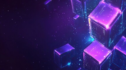 Abstract floating cubes, digital data,  glowing  dark background