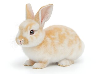 Fototapeta premium An adorable fluffy cream-colored bunny rabbit sits against a pure white background posing for a charming photograph.