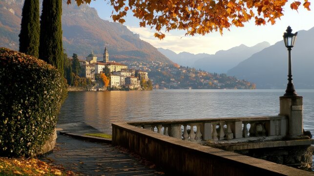 Idyllic lakeside town in Italy during the serene autumn season landscape