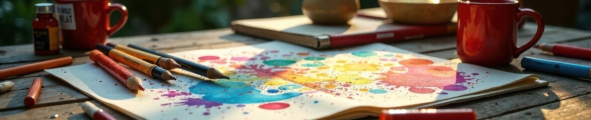 Colorful art supplies scattered on a wooden table , creative workspace, colorful art supplies