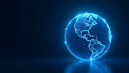 Obraz premium Futuristic Digital Earth Globe with Glowing Blue Network Connections – Global Technology Concept for Internet, Big Data, AI, Blockchain, Cybersecurity, Communication, Innovation and Virtual World