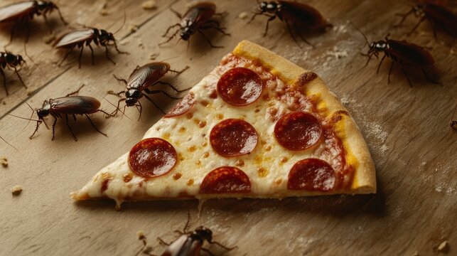 Cockroaches Crawling Around a Slice of Pepperoni Pizza.