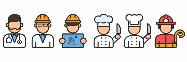 Professional occupation icon set in a row – Great for workforce-related content, hiring campaigns, or career development visuals.