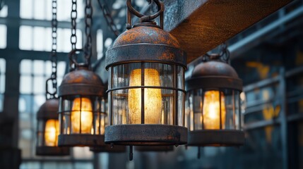 A series of rusted metal lanterns with glass enclosures suspended by thick chains from a steel beam glowing softly in a reclaimed factory-turned-caf?(C).