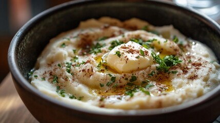 Creamy mashed potatoes, butter, herbs, restaurant, close-up