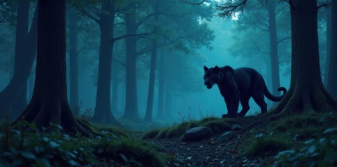 Dark forest landscape with black panther on foreground, jungle, predators