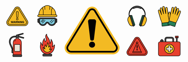 Industrial safety icons with warning sign and first aid kit – Great for construction safety campaigns, emergency preparedness content, or industrial training.