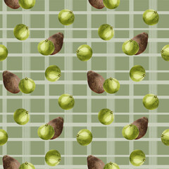 Watercolor avocado pattern. Seamless pattern with brown Hass avocado and lime citrus. Design for food packaging, menu design and stationery. Avocado on a lattice background.