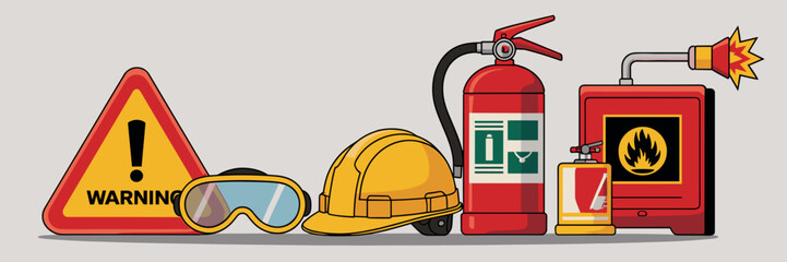 Industrial safety icons with warning sign and protective gear – Suitable for construction industry materials, safety training guides, or fire prevention campaigns.