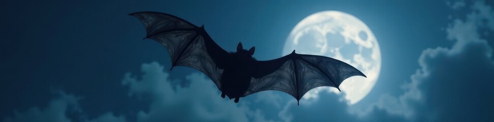 Dark grey flying bat with textured wings in silhouette against moonlit night sky , night, flying