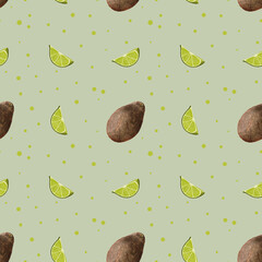 Watercolor avocado pattern. Seamless pattern with brown Hass avocado and lime citrus. Slice of lime. Design for food packaging, menu design and stationery. Avocado on a white background with dots.