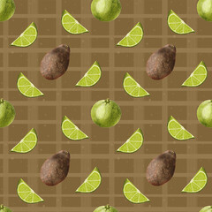 Watercolor avocado pattern. Seamless pattern with brown Hass avocado and lime citrus. Slice of lime. Design for food packaging, menu design and stationery. Avocado on a lattice background.