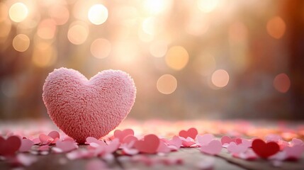 Obraz premium A romantic scene featuring a soft pink heart on flower petals, ideal for Valentine's Day, anniversaries, or love-themed events, creating a dreamy, tender atmosphere.