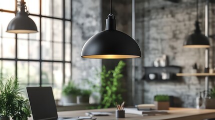 A sleek matte black metal pendant with a minimalist design hanging in a modern industrial workspace casting sharp and functional lighting.