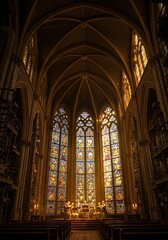 Performing Inside Old Church with Stained Glass Windows Creating Golden Light