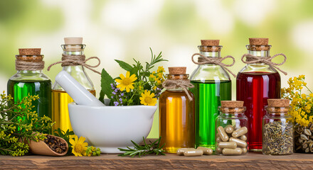 Variety of Herbal Oils in Glass Bottles with Mortar and Pestle on Wooden Table with Blurred Green Background