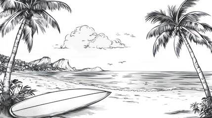 Serene sketched beach scene with surfboard under palm trees, monochrome idyllic