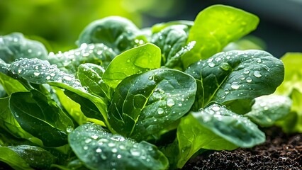 Fresh green spinach leaves with water droplets, showcasing their vibrant color and healthy appearance. Concept Fresh Spinach Leaves, Healthy Diet, Vibrant Green Color, Water Droplets