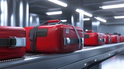 Red Suitcases on Airport Baggage Carousel.