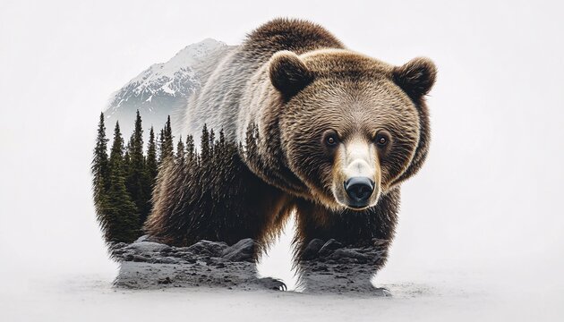 Double exposure of a bear's face blended with the Alaskan wilderness showcasing the beauty of wildlife and landscape harmony.