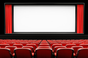 Fototapeta premium A cinema interior featuring red seats and a large blank screen framed by red curtains, creating an inviting atmosphere for moviegoers.