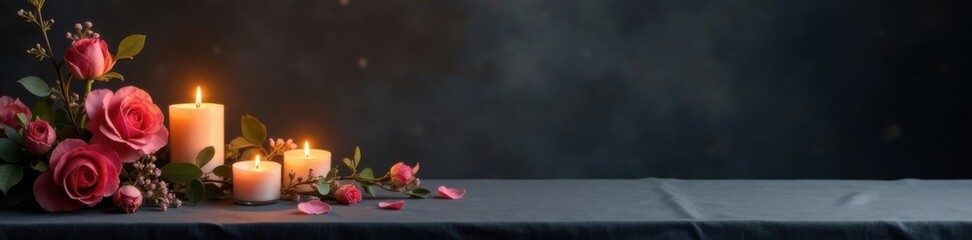 Elegant table with candles and flowers on a dark gray background , candlelight, lighting, ambiance