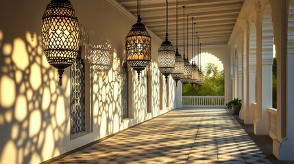 A spacious veranda featuring elegant hanging lanterns with intricate lattice patterns their delicate glow casting mesmerizing shadows on the whitewashed walls and tiled flooring