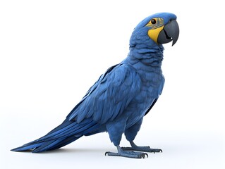 Obraz premium A vibrant blue hyacinth macaw parrot stands against a clean white background showcasing its striking plumage and detailed feathers.