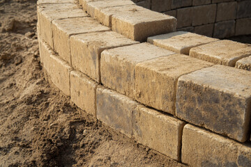 Construction workers building a small wall with concrete bricks and sand