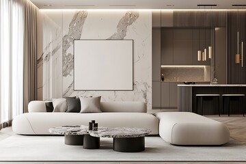 Modern Living Room Interior Design with Marble Accent Wall and Blank Canvas. A stylish and sophisticated space perfect for relaxation and entertainment.