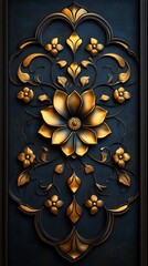 Ornate Gold Floral Design on Deep Blue Background with Central Flower and Intricate Vines

