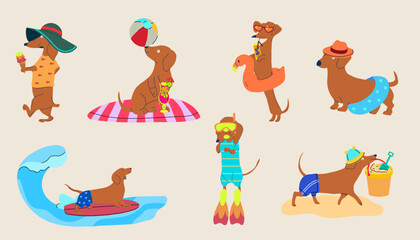 Cute cartoon dachshunds enjoying summer on the beach. Surfing, sunbathing, and playing in fun swim gear and beach accessorie	