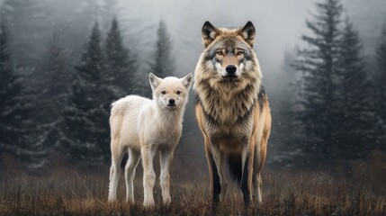 Fototapeta premium Majestic wolf and its pup in a winter forest