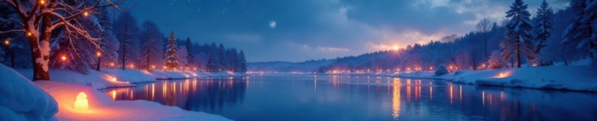 Frozen lake under starry sky with ice skaters and festive lanterns, ice skaters, lanterns