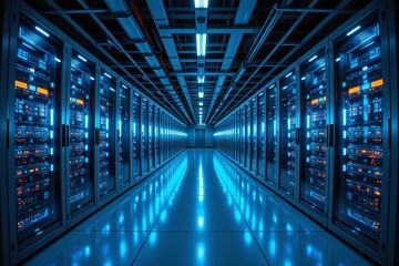 Modern Data Center Server Room Rows of Illuminated Network Servers and Technology Infrastructure