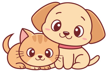 Cute Cartoon Dog and Cat Together pets on transparent background