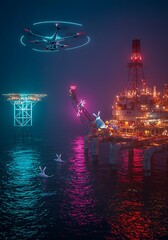 Drone Flying Over Ocean Oil Rig at Night with Neon Lights