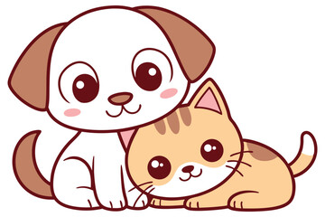 Charming Cartoon Dog with Brown Cat, Cute Animal Friends on White Background Art