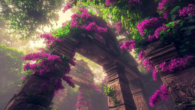 Ancient stone archway surrounded by vibrant purple flowers in a misty, enchanted forest setting - bugambilia