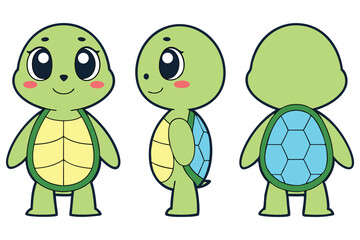 Adorable Light Green Turtle Character Design with Big Eyes on White Background