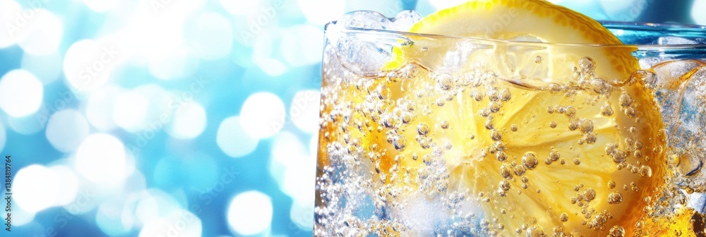 Poster refreshing ice cold soda with lemon slices and fizzy bubbles in a clear glass against a bright backg