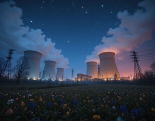 Power Plant Overlooking Wildflower Meadow at Night Under Starry Sky