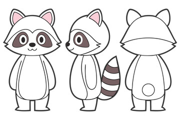 Cartoon Raccoon Poses, Front View, Side View, Back View, White Fur, Outlined Style