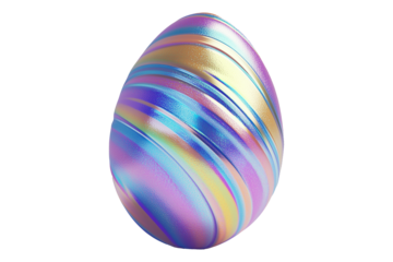 Decorative Easter egg with shimmering pastel stripes in gold, blue, and purple isolated on white transparent background. Symbol of Easter and celebration