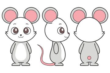 Cute Cartoon Mouse Poses on White Background with Pink Ears and Nose