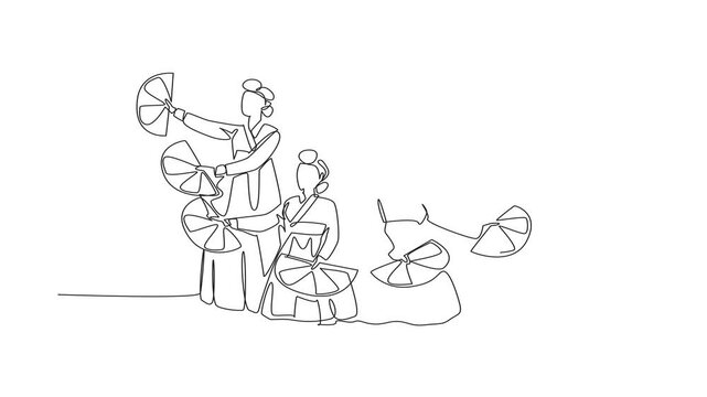 Animated self drawing of single continuous line drawing group of women wearing Hanbok posing doing fan dance. Introducing traditions in unique way. Local customs. Fan Dance Day. Full length animation