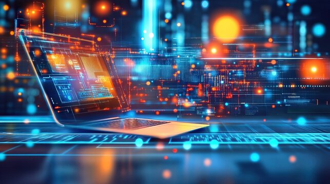 Futuristic Laptop with Digital Network Background