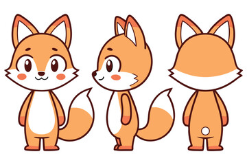 Cartoon Fox Set Front, Side, and Back View, Orange Fur, Cute Design on White
