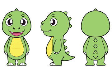 Obraz premium Cute Green Dinosaur Character Design with Transparent Background, Front, Side and Back Views