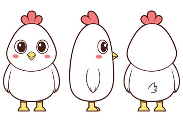 Cute Cartoon Chicken Vector, White Bird Front Side and Back View, Transparent Background